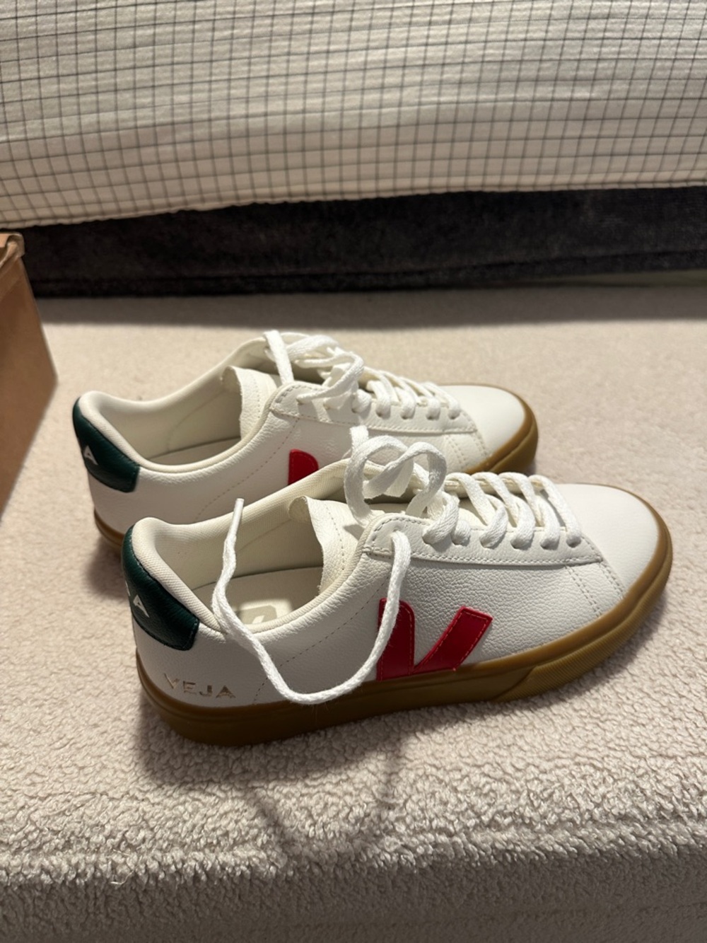 Veja White Leather Sneakers with Red V and Green Heel Tab
